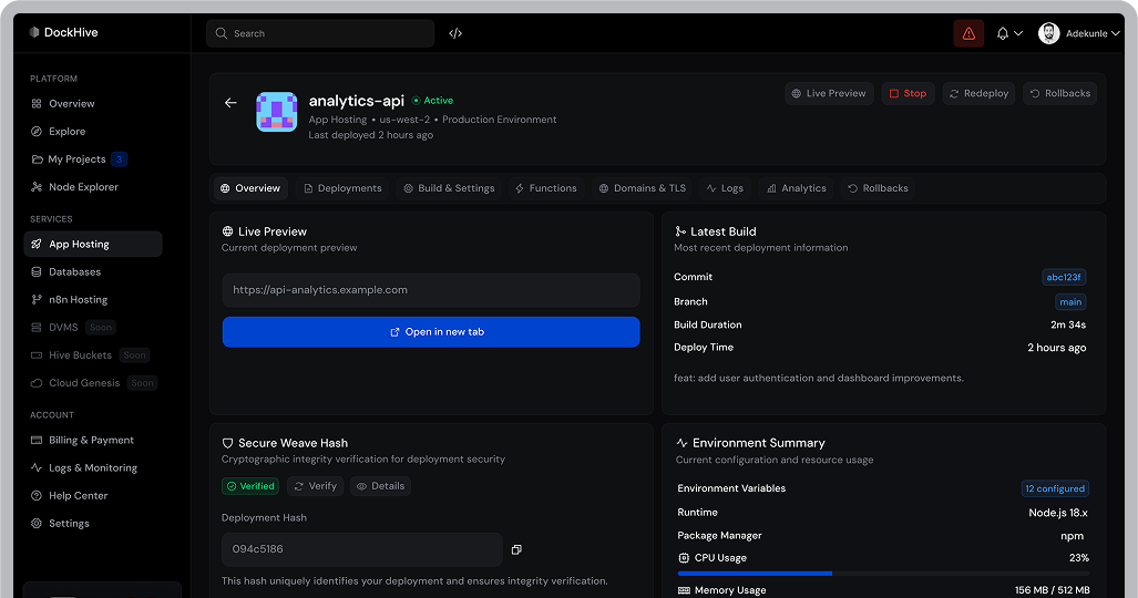 The DockHive console showing an app's overview page
