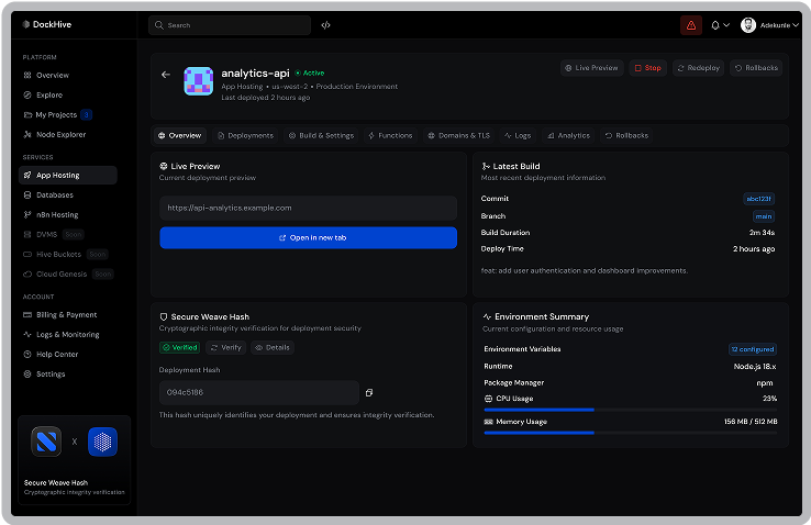 The DockHive console showing an app's overview page